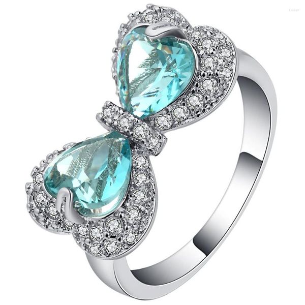 Anillos de boda moda cielo azul cristal corazón Bowknot creado joyería elegante amor para siempre bandas dedo para mujeres personalizado
