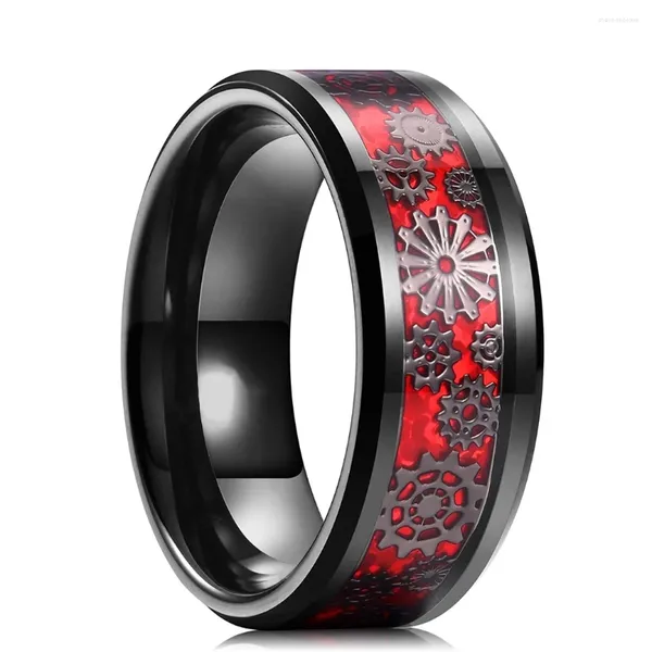 Anneaux de mariage Mode Steampunk Hommes En Acier Inoxydable Roue Dentée Inlay Rouge Fibre De Carbone Pour Punk Bijoux Goutte