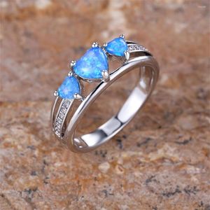 Anneaux de mariage Mode Trois Pierre Blanc Zircon Bague de Fiançailles Bleu Feu Opale Amour Coeur Pour Les Femmes Couples Bijoux Cadeaux De La Saint-Valentin