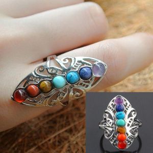 Anillos de boda Moda Pulgar Joyería Ajustable 7 Chakra Reiki Gem Anillo Curación Hueco Piedra Plateado