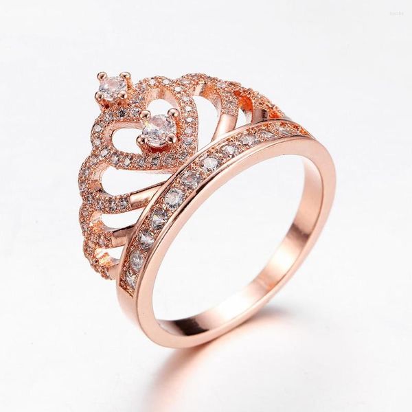 Anillos de boda Moda Blanco Clear Zircon Jewelry Lady Princess Crown Rose Gold Color Silver Jewelry Mujeres Bijoux Drop