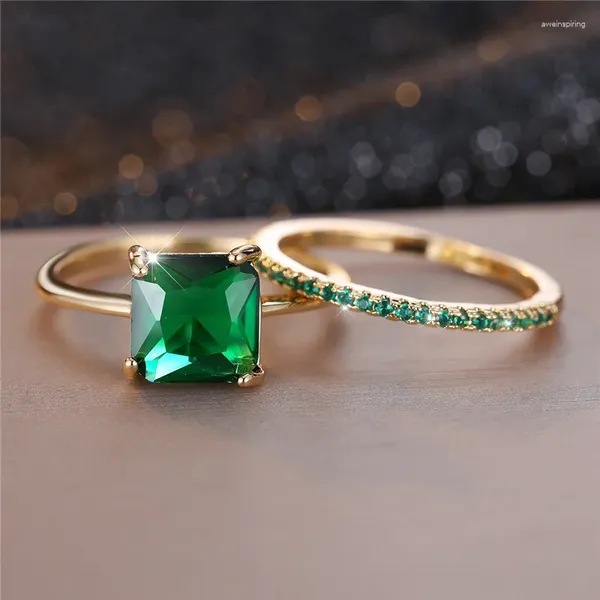 Anneaux de mariage Femelle Crystal Green Zircon Stone Engagement Ring Set Luxury Luxury Gold Color Jewelry for Women