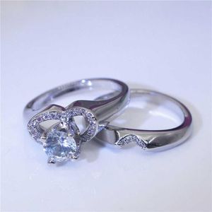 Anillos de boda para mujer, conjunto de anillo blanco de cristal, promesa de compromiso en forma de corazón de lujo, novia para regalo de pareja