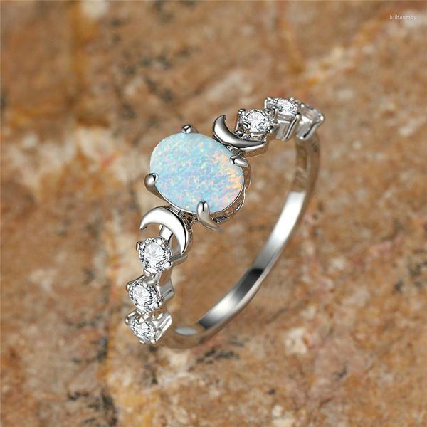 Anneaux de mariage femme mode petite lune anneau blanc bleu opale ovale pierre fiançailles or Rose couleur argent pour les femmes