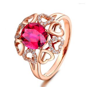 Anneaux de mariage Femme Simple Rose Rouge Cristal Bague Charme Couleur Or Pour Les Femmes De Luxe Mariée Zircon Pierre Coeur De Fiançailles