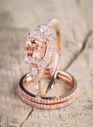 Anneaux de mariage Feme Female Ring Set Luxury Rose Gold rempli Crystal Zircon Band Promesse Engagement pour femmes Cadeaux de bijoux1712803