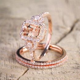 Anneaux de mariage Femme Square Ring Set Luxury Rose Gold rempli Crystal Zircon Band Promesse Engagement pour femmes Bijoux Cadeaux 233b