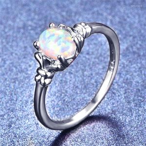 Anneaux de mariage femme blanc bleu violet opale de feu bague Boho couleur argent promesse de mariée amour ovale pierre fiançailles pour les femmes