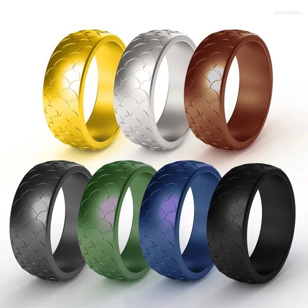 Anneaux de mariage motif écailles de poisson Silicone Sport extérieur 8.7MM largeur bandes de caoutchouc hypoallergénique anneau Flexible hommes Anillo Hombre