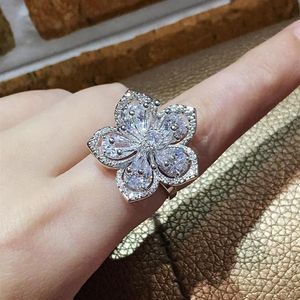 Trouwringen Bloemvorm Grote Cz Zirkoon Bling Luxe Zilver Voor Vrouwen Bruids Verlovingsband Belofte Steen Vrouwelijke Jewelry2747