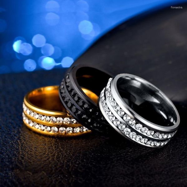 Anéis de Casamento Para Casal Dupla Linha Zircão Moda Coreana Jóias de Luxo Anel de Aço Inoxidável Homens Mulheres Dias dos Namorados Presentes