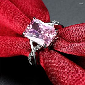 Trouwringen voor vrouwen pijlen vierkante roze zirkoon kristal zilver kleur dames mode bague bijoux verloving sieraden