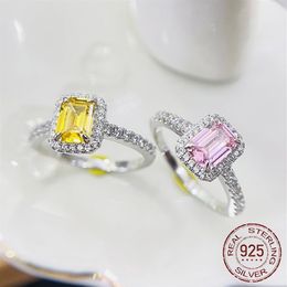 Anillos de boda para mujer S925 Plata Blanco Amarillo Rosa 5 7 mm Cubic Zirconia Rectángulo Anillo de diamante Nupcial Proponer Compromiso Fino J2844