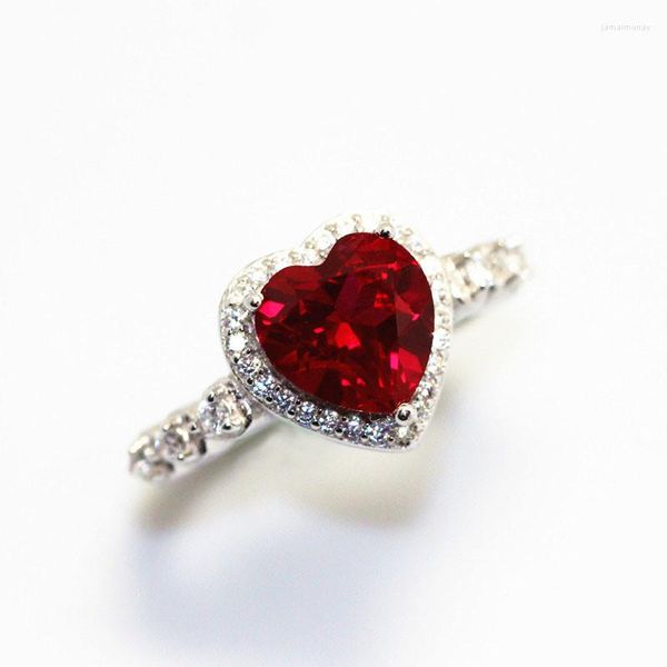 Anillos de boda para mujer, anillo de compromiso de Color plateado, corazón rojo, Zirconia cúbica, lujo elegante, venta al por mayor