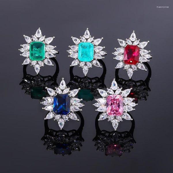 Anillos de boda Cuadrado de cuatro garras Azul CZ Zircon Color plata Anillo ajustable de topacio de lujo para mujeres Accesorios de compromiso elegantes