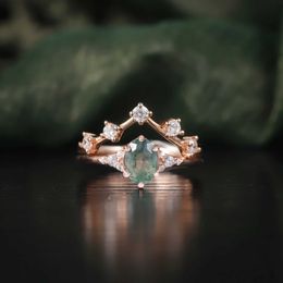 Wedding Rings Gems Ballet Retro Moss Agate Ring Set 925 Sterling Silver Engagement Unieke Chevron Star Q240514