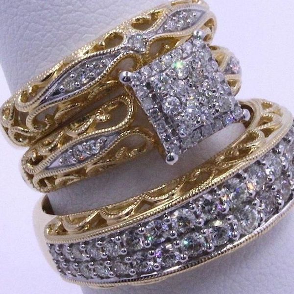 Anillos de boda Anillo nupcial de color dorado para hombres Mujer Joyería Accesorios de dedo Big Cube Zirconia Multi Band Ajuste de cristal completo