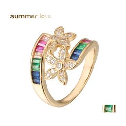 Anillos de boda Anillo de compromiso de flor de arco iris lleno de oro para mujeres Colorf Cubic Zirconia Cz Eternity Band Promise Fashion Drop Deliv Dhkts