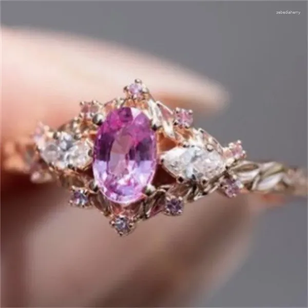 Anneaux de mariage magnifique couleur or rose fiançailles ronde pour les femmes mode rose zircon pierres bague de mariée bijoux