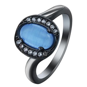 Wedding Rings Graceful Elegant Blue Fire Opal Ring Sieraden Modestijl Ronde Stone Betrokkenheid Zwarte vinger voor vrouwencadeau