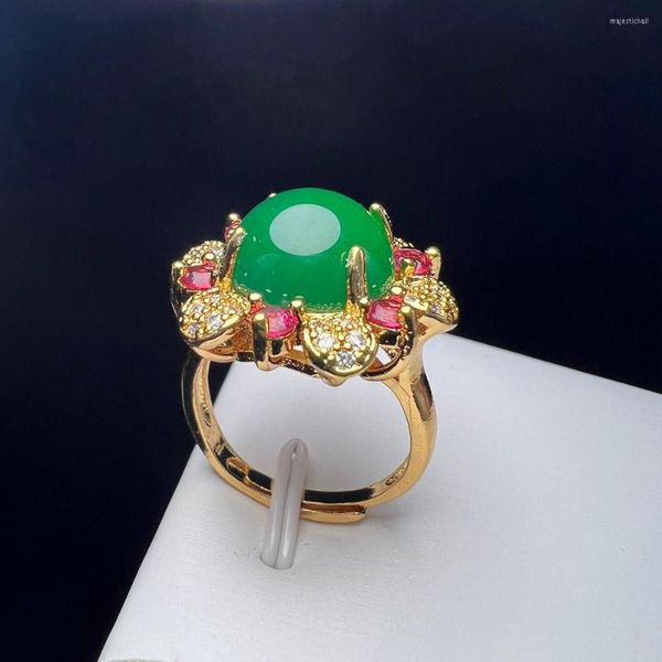 Anillos de boda Anillo de dedo de ágata verde Encanto Color oro simple Flor ajustable Piedra de cobre con circón para mujeres
