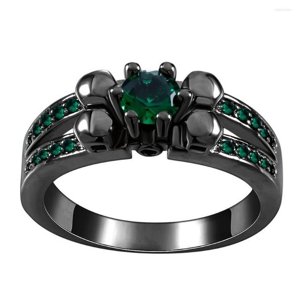 Anillos de boda Green Royal Blue Crystal Black Gun para mujeres Diseño de flores de cráneo vintage Anillo de compromiso de la banda de circón pavimentado