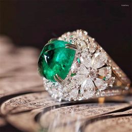 Trouwringen Groene Steen Edelsteen Ring Kunstmatige Diamant Bloem Zirkoon Uit Vinger Decoratie Holle Vintage Bruid Sieraden Cadeau