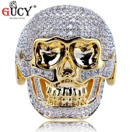 Trouwringen GUCY Hip Hop Skelet Bling Ring Goud Kleur Bicolor Plated Alle Iced Out Micro Pave AAA CZ Stenen Skelet Hoofd Ring Voor Mannen 230808
