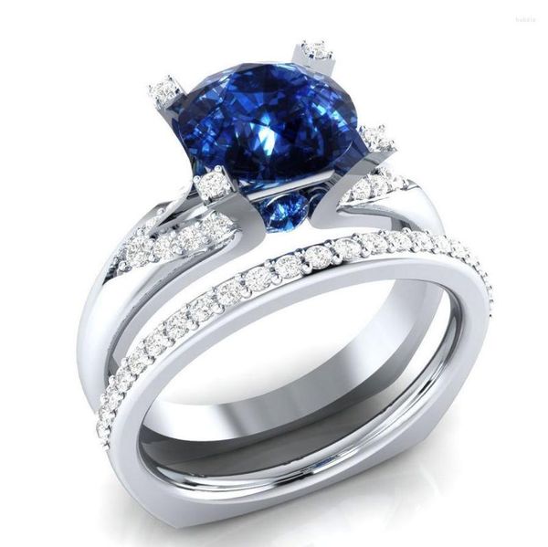 Anneaux de mariage Hainon luxe cristal bleu rouge Zircon anneau ensemble mode couleur argent ensembles de mariée promesse amour fiançailles pour les femmes