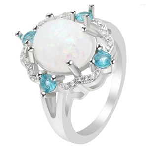 Anneaux de mariage Hainon blanc opale de feu ovale pour les femmes Vintage couleur argent rempli bleu CZ mode bijoux de fiançailles