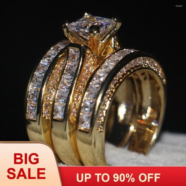 Anillos de boda Joyería hecha a mano 3 en 1 Anillo de compromiso Zircon Cz Amarillo Oro Plata Color Band Set Para Mujeres Hombres