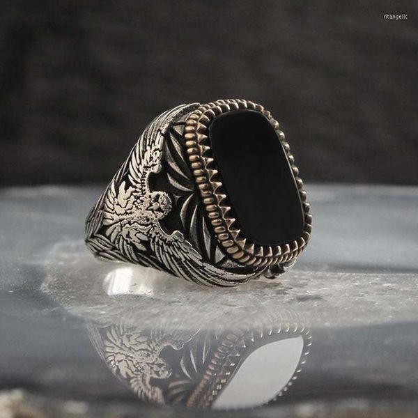 Anillos de boda Sello hecho a mano Hombres turcos Anillo Vintage Moda Dos tonos Incrustaciones Negro Zircon Metal Eagle Punk Party Retro JewelryWedding Rita2