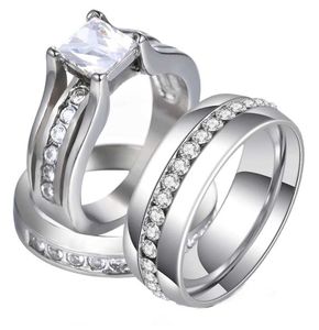 Wedding Rings Hij en haar 316L roestvrijstalen prinses gesneden mode sieraden set eeuwige bruiloft kubieke zirconia heren verlovingsring Q240514