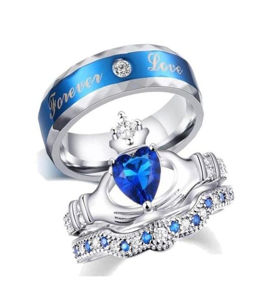 Anneaux de mariage coeur couronne bleu Zircon strass romantique pour toujours amour en acier inoxydable bague de fiançailles bijoux de mariée pour Loves6863900