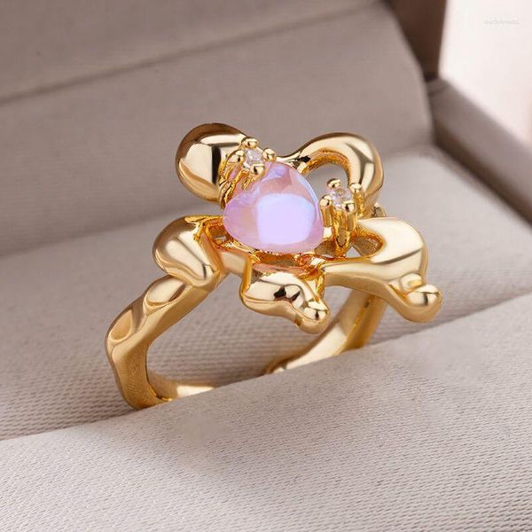 Anillos de boda con forma de corazón y flor de ópalo rosa para mujer, anillo de acero inoxidable ajustable, estética Vintage, regalo de fiesta, joyería