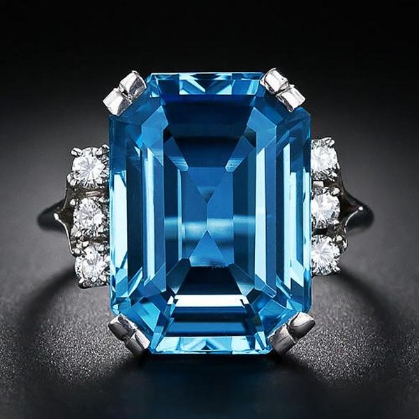 Anneaux De Mariage De Haute Qualité Charme Femme Rectangle Pierre Grand Bleu Pour Les Femmes Argent Couleur Incrustation Blanc Cristal Carré Zircon Anneau En Gros