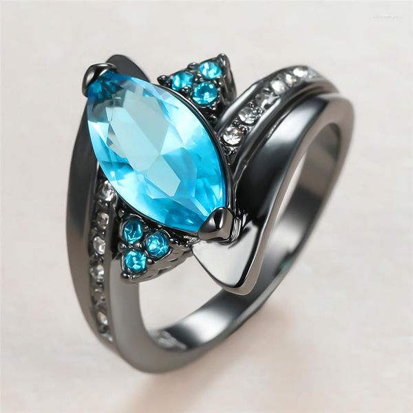 Anillos de boda Hip Hop femenino cristal azul encanto fino 14kt oro negro para mujeres hoja de lujo circón anillo de compromiso de piedra