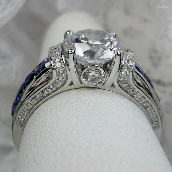 Anneaux de mariage Huitan brillant blanc/bleu CZ luxe pour femmes bande élégante femme accessoires fête mère cadeau bijoux à la mode