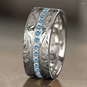 Anneaux de mariage Huitan Ly conçu femmes doigt avec motif gravé CZ blanc/bleu Unique femme fête déclaration bijoux