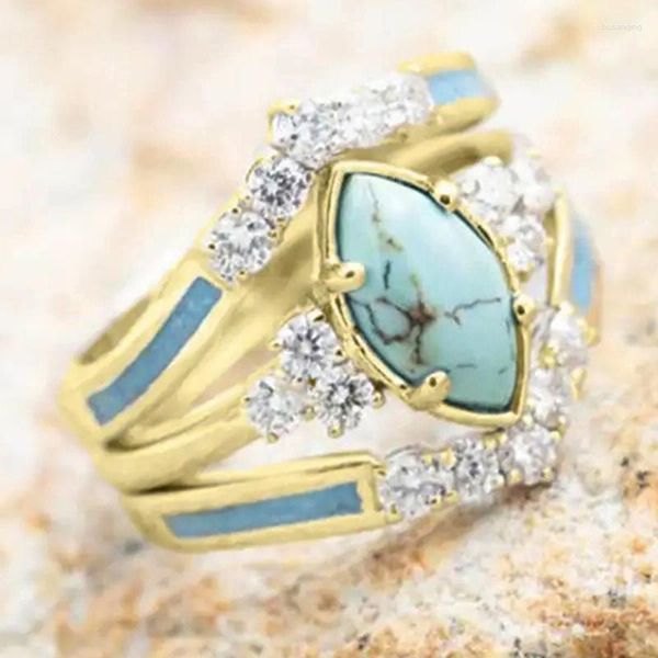 Anillos de boda Huitan Marquesa imitada piedra turquesa mujeres Color plata/Color oro accesorios de lujo joyería de banda de moda