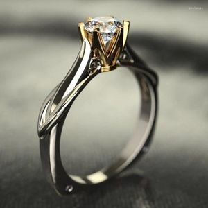 Wedding Rings Huitan Two Tone Geometric Ring For Women Luxury Solitaire Cubic Zirconia Engagement Bridal Ly Designed Jewelry