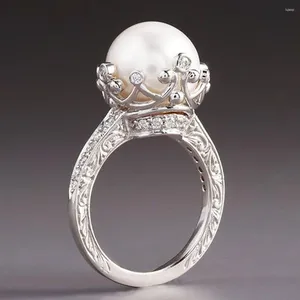 Wedding Rings Huitan uniek ontwerp Big Round Imitatie Pearl Setting For Women Engagement Party Fashion Female Ring Jewelry