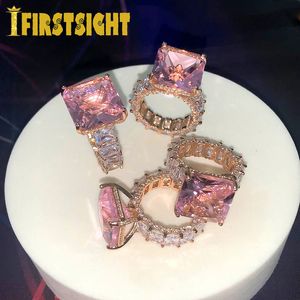 Wedding Rings Iced Out Rose Gold Color Pink CZ Square Ring Big Stone Cut 5A CZ Betrokkenheid trouwringen voor vrouwen Men Party Sieraden 230313