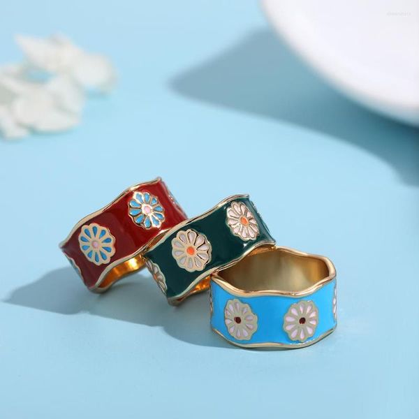 Anillos de boda irregulares multicolores esmaltados gruesos para mujeres Retro pintado a mano hermosa flor amplia moda dedo joyería regalos