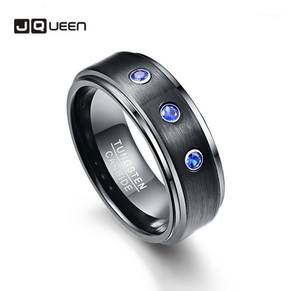 Anneaux de mariage JQUEEN 8MM 100% carbure de tungstène pour hommes 3pcs bleu CZ pierre bague marque bijoux pour hommes avec boîte-cadeau1