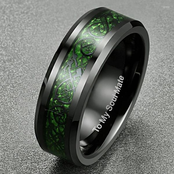 Anillos de boda JQUEEN 8 mm Fibra de carbono Anillo de circón verde Patrón de dragón Carburo de tungsteno Bandas de color negro Joyería masculina