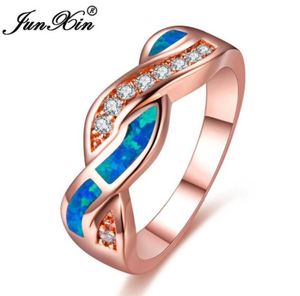 Anneaux de mariage JUNXIN magnifique or rose rempli croisé pour les femmes Zircon océan bleu blanc opale de feu anneau cadeaux de noël 7758206