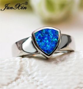 Wedding Rings Junxin Minimalistische blauw vuur opaalring 925 zilveren kleur driehoek regenboog steen vrouwelijke mannelijke banden verloving voor Men2799740