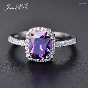 Wedding Rings Junxin Simple Male Vrouw Blue/Green/Purple Zirkon Stone Ring Fashion Fire Opal voor mannen en vrouwen Vintage