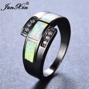 Anneaux de mariage JUNXIN White Fire Opal Ring avec Zircon Vintage Black Gold Rempli Bijoux pour hommes et femmes Cadeau de Noël 200n